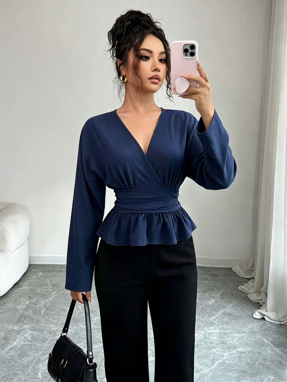 ZARA Fall Winter Slim Fit Waist Cinch Ruffle Long Sleeve Top